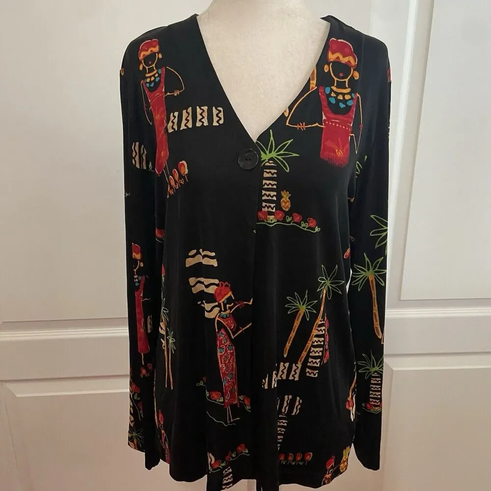 Chico’s Travelers Lightweight Cardigan Topper Jacket Black Tropical Size 1 (M/8)